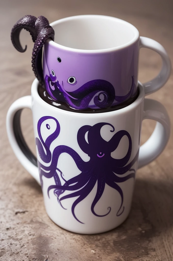 Hello, I would like to create an image that would be a 500 ml mug for Lau Terceirão 2024 parties, the theme would be octopus and I need you to put the title in Lau Terceirão 2024 on the front of the mug, the theme is octopus and the color would be purple and black in the finish matte and I also need you to make a strap with it that would be a rope to hold the mug and on that strap there would be random names and octopus tentacles around the names, thank you