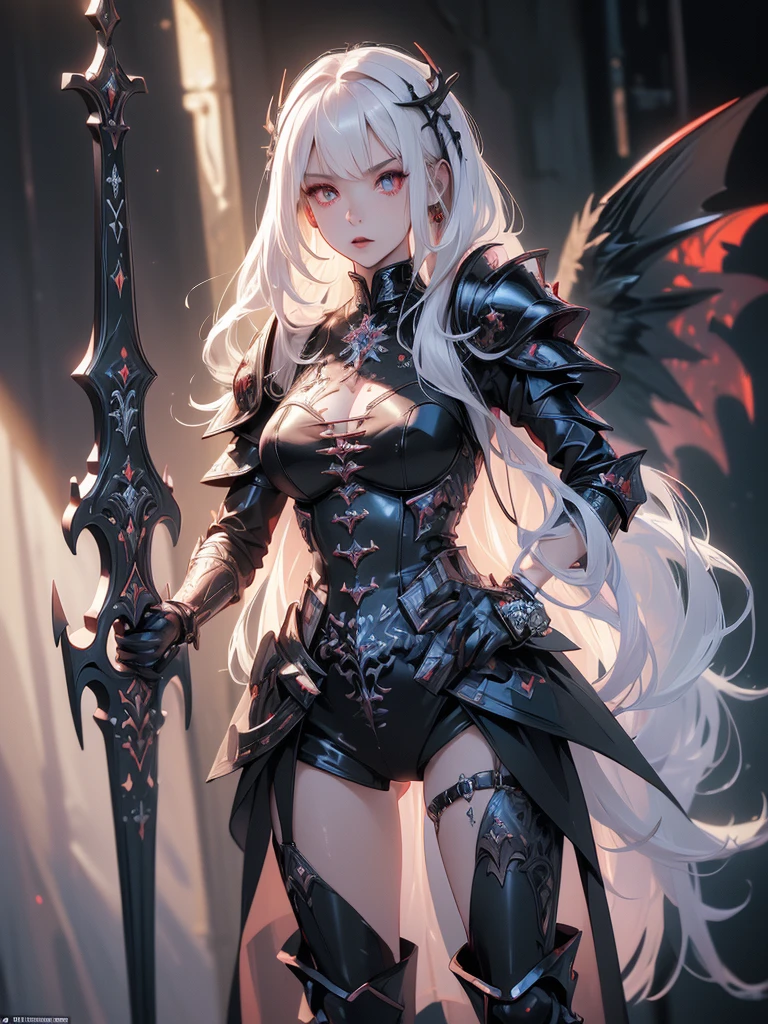 (((masterpiece, best quality, high detailed, 8k)))queen power armor , (gothic style), full body view, The most beautiful and sexy demon goddess, long white hair, glowing red eyes, wearing detailed black gothic battle armor, black angel wings, tattoos and piercings, gothic castle, perfect masterpiece, high quality, high resolution

