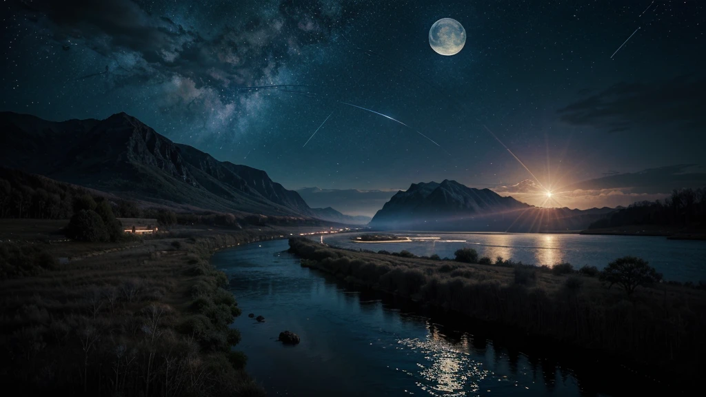A condensed beauty of a painting of a river and the stars and moon in the sky, Concept art inspired by Mitsuoki Tosa, pixiv Contest Winner, Highest quality, Fantasy art, Beautiful anime scene, Bright moon circle, Starry Sky environment in the moonlight, Dream painting, Anime Background art, Dreamscape Painting, Great night, Anime Background, Background artwork, Great art, Atmospheric anime, Starry Sky, Detail enhancements.  