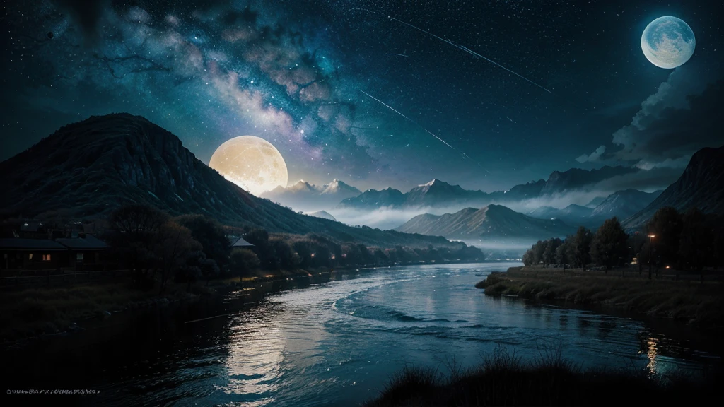 A condensed beauty of a painting of a river and the stars and moon in the sky, Concept art inspired by Mitsuoki Tosa, pixiv Contest Winner, Highest quality, Fantasy art, Beautiful anime scene, Bright moon circle, Starry Sky environment in the moonlight, Dream painting, Anime Background art, Dreamscape Painting, Great night, Anime Background, Background artwork, Great art, Atmospheric anime, Starry Sky, Detail enhancements.  