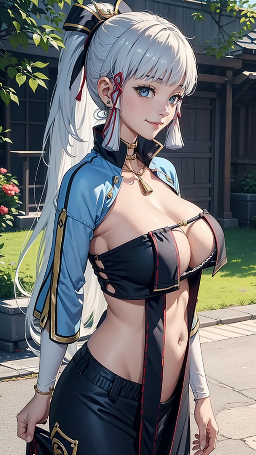 (Kamisatoayakarnd),masterpiece,huge breast, outdoors, looking at viewer, detail eyes, detail face, standing, smile, (front view:1.3), Yu Mei-Ren (Fate) Clothing, upper body shot