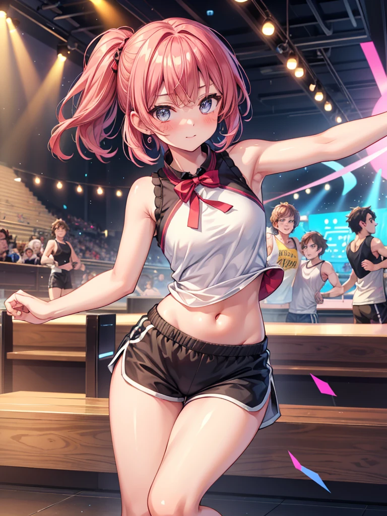 1 girl, high quality, beautiful eyes, best quality, masterpiece, highres, offbelly, offsholder, sleeveless shirts, short shorts, shiny thigh, sweats, blush, dancing, dynamic pose, TodorokiHajime,