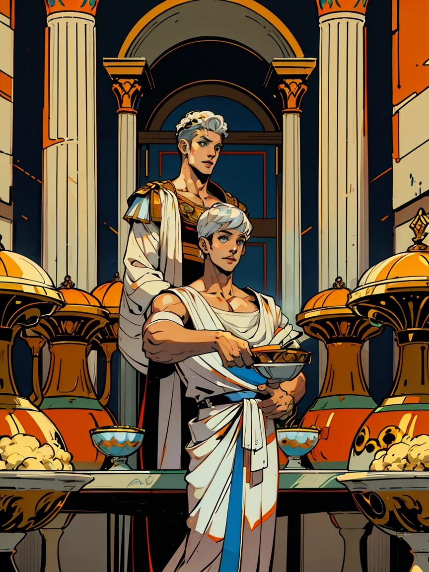1boy, 25 years old, young, man, white hair, blue eyes, cheveux blancs, mid lenght hair, bowl haircut, bowl hair cut, boss, formal business outfit, white outfit, arrogant look, hades style, hades game, Jen zee style, greek themed image, greek background, hypnos, tartarus scenery, fumes, greek columns in background, lots of columns, greek architecture, white themed image, white furniture, orange touches of color, orange walls