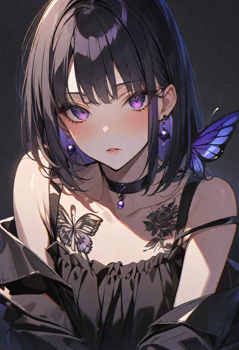 solo, handsome, Glossy feel,
1. Female,
Hime cut,Straight Hair,Bob Hair, 
black hair, 
Nakano Yotsuba,
purple Eyes,Soft look,beautiful,beautiful,Sexy,Darkness,butterfly Tattoo,Black Rose Tattoo,Lots of black earrings,choker,
black Off Shoulder,black Distressed jeans,
skin,Black Rose,Alluring,
black  background,Close-up,