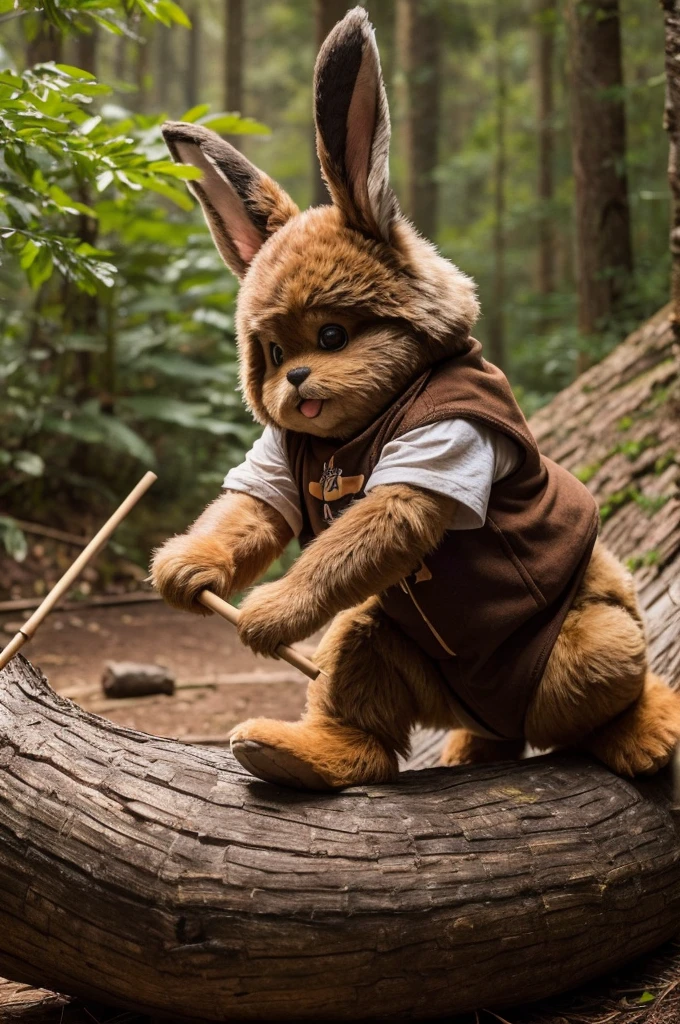 a floppy eared anthropomorphic brown and tan rabbit dressed like an ewok drumming his right rear leg on a hollow log, masterpiece, best, photo realistic