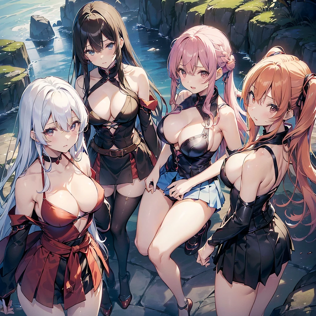 ((((Haremの4人のキャラクターが笑顔で描かれました))))、A group of female adventurers set in a medieval fantasy world,Dragon Quest、 (Inside the cave:1.2), Various Hair Styles, (Harem:1.5), Late Night, detailed aspects, (All of them are wearing revealing clothes.:1.4), (Ethereal clothing), Low V-neck, No bra, No underwear, (Exposed breasts:1.4), (Exposed Skin:1.2), (Micro Mini Skirt), Seduce, Sleeveless、Panties are visible、Large Breasts、A little bigger ass、Waist、Her short skirt is flipped up