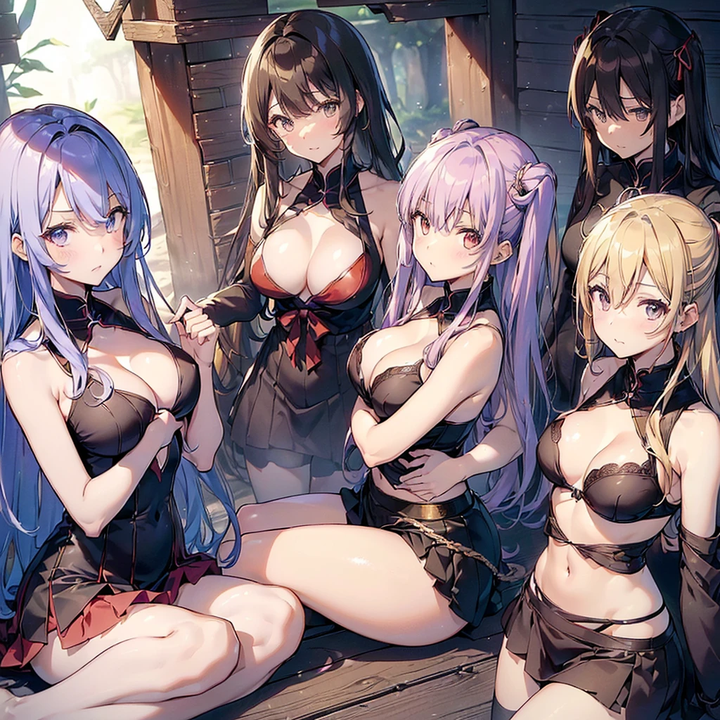 ((((Haremの4人のキャラクターが笑顔で描かれました))))、A group of female adventurers set in a medieval fantasy world,Dragon Quest、 (Inside the cave:1.2), Various Hair Styles, (Harem:1.5), Late Night, detailed aspects, (All of them are wearing revealing clothes.:1.4), (Ethereal clothing), Low V-neck, No bra, No underwear, (Exposed breasts:1.4), (Exposed Skin:1.2), (Micro Mini Skirt), Seduce, Sleeveless、Panties are visible、Large Breasts、A little bigger ass、Waist、Her short skirt is flipped up