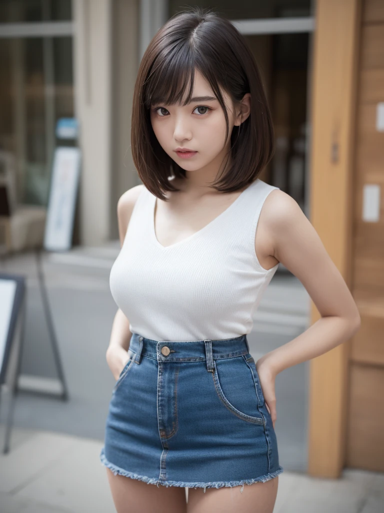 Detailed explanation,、High resolution、high quality、Perfect dynamic composition、Beautiful attention to detail、Medium Wolf Cut、Long Bangs、Beautiful breasts、Natural color lip、Shibuya Ward、20-year-old girl、1 person、Transparent white skin、shiny shiny hair、Light brown hair color、Tabletop、最high quality、In detail、High resolution、8k、The correct state of the human body、Random pose、Sculpture model pose、one piece、Plain navy denim micro mini skirt、Hair dancing in the wind、I can&#39;t see your chest、