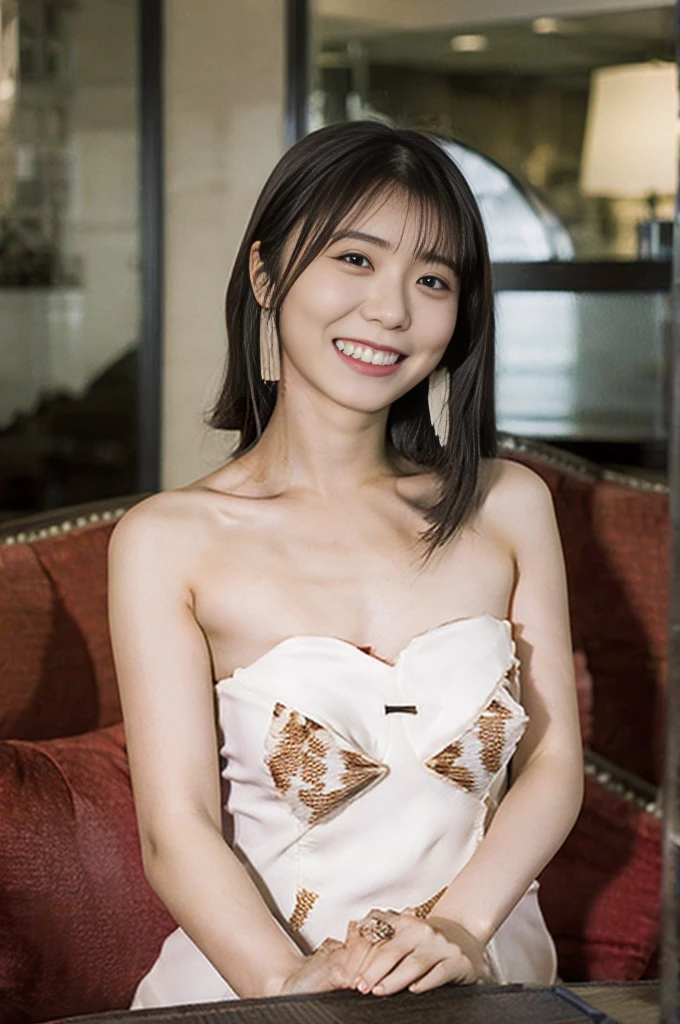 lens: 135mm f1.8, (1 person), (Highest quality), (RAW Photos), (Tabletop:1.1), (Beautiful 20 year old Japanese girl), Cute face, (Deeply chiseled face:0.7), (nude), (At a restaurant), (smile), (sunlight), (((Nsfw))), Upper Body, Lower Body, pubic hair, pussy, sit, Nipples, Big Breasts, Big Tits,