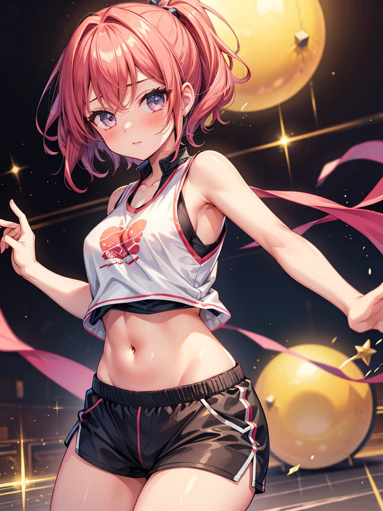 1 girl, high quality, beautiful eyes, best quality, masterpiece, highres, offbelly, offsholder, sleeveless shirts, short shorts, shiny thigh, sweats, blush, dancing, dynamic pose, TodorokiHajime,