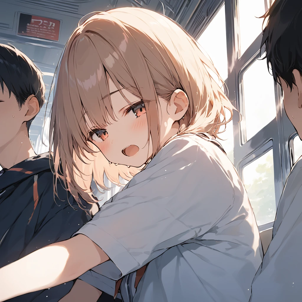 score_9, score_8_up, score_7_up, source_anime, best quality, masterpiece,ultra-detailed,official art, absurdres, highres, waifu2x, break,1boy, 1girl, school girl, short hair, sweat, blush, open mouth, (yawn:0.3), sleepily, molestation, night, train, break,(clear line illustration:1.2),very high resolution, very aesthetic, super detailed skin, Best cinematic lighting powered by famous artist, 8k,cute picture,beauty illustration,photoshop_(medium),,(Detailed Lighting),best anime 8k konachan wallpaper, pixiv contest winner,