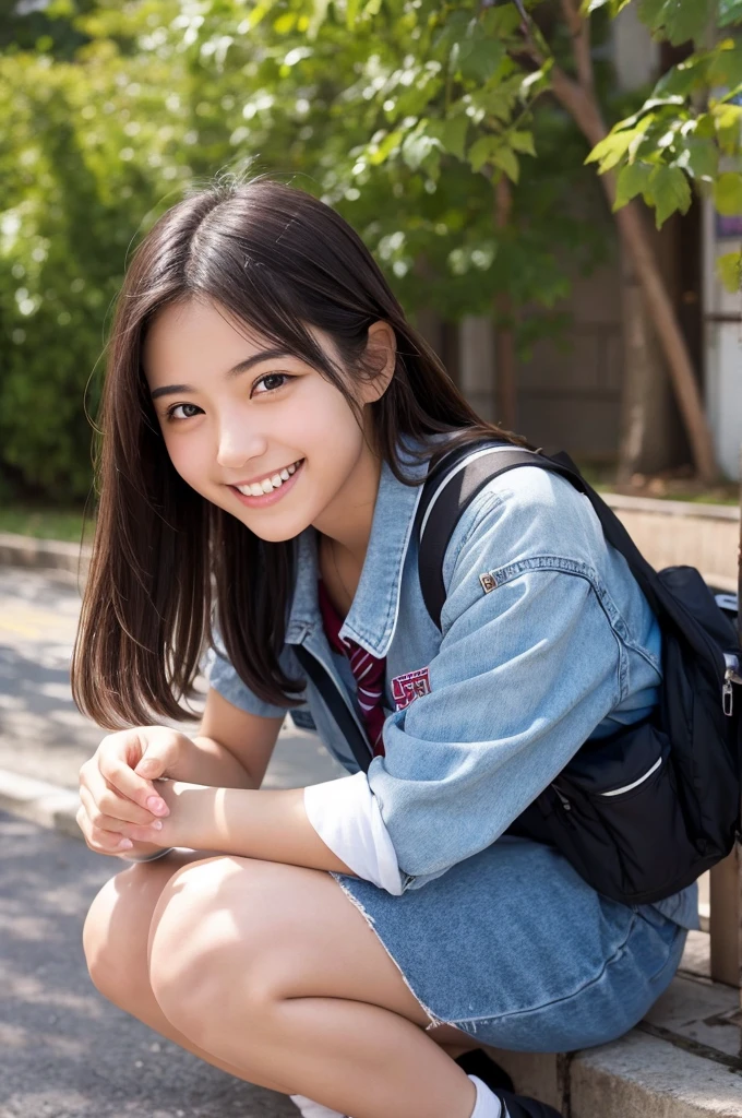 High school girls、refreshing、smile、Vulture&#39;s nose、Big eyes、Brown eyes、Small mouth、Pale skin、Bob Hair、Black Hair、cute、Long limbs、Skinny、Straw hat、White summer knitwear、Jeans shorts