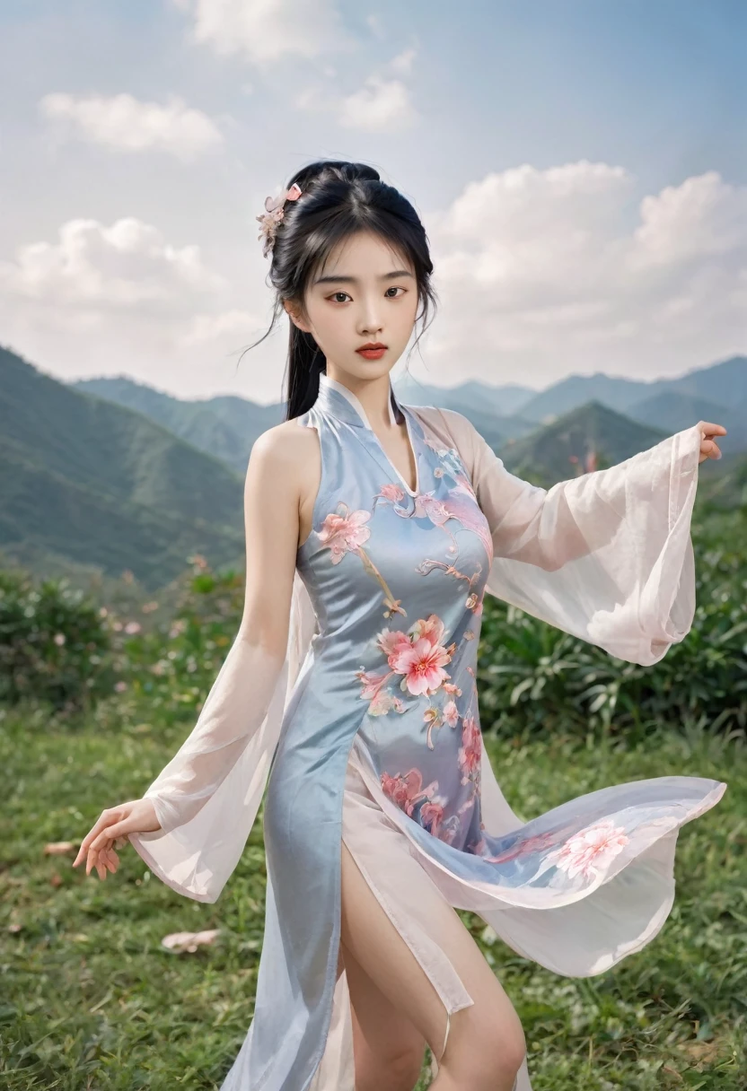 Chinese girl, age 15,Pretty face ,Big breasts, wearing a Chinese petal dress, torn fabric.,8K images, Fighting posture,In the martial arts arena,