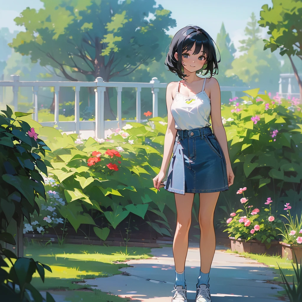 (high quality, High resolution, Very detailed, reality:1.37), Peaceful atmosphere, (Outdoor, garden), Teenage girl standing alone, (my breasts are big.), Beautiful details, Cute Smile, (Black bob hair), camisole, Denim skirt, Blue socks, sneakers.