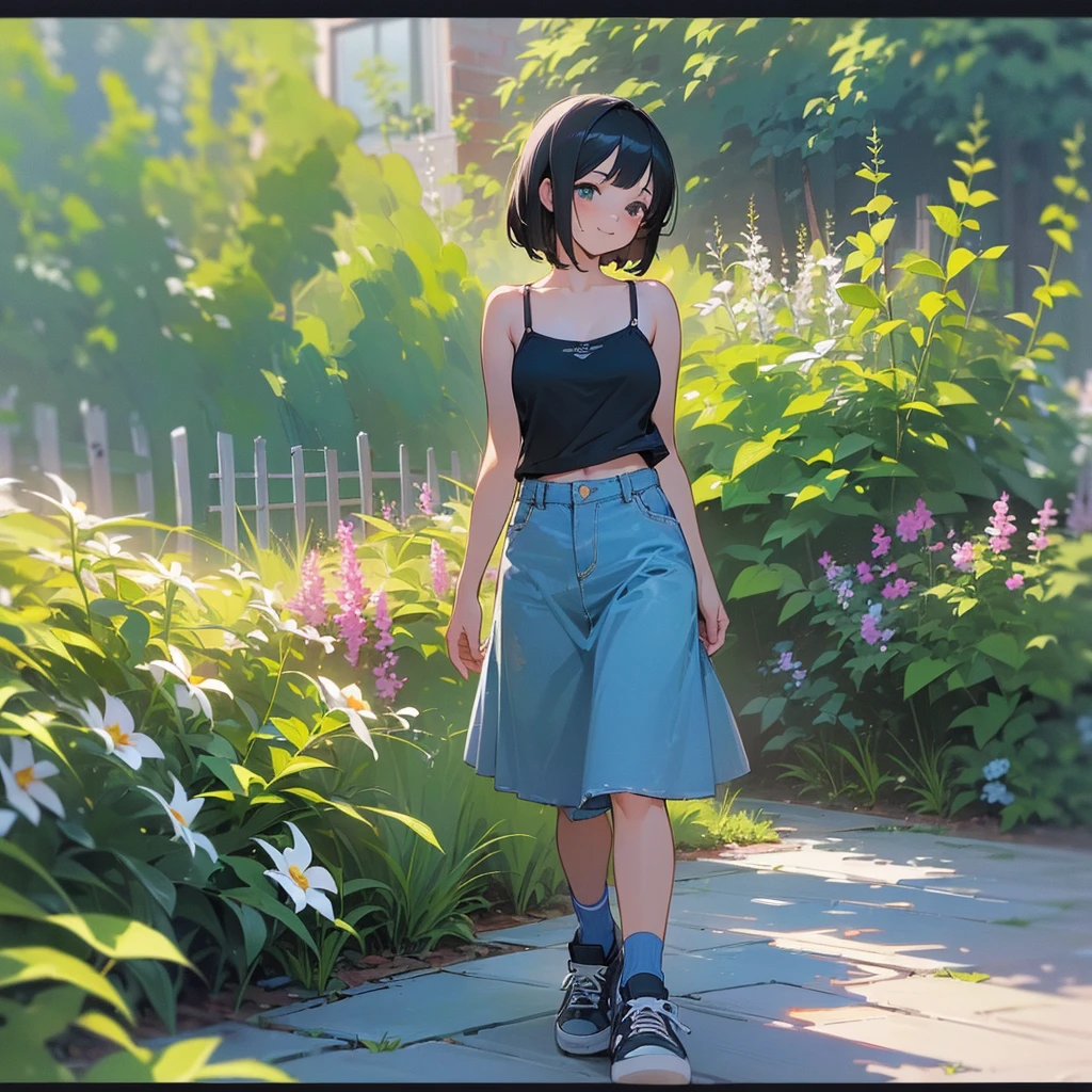 (high quality, High resolution, Very detailed, reality:1.37), Peaceful atmosphere, (Outdoor, garden), Teenage girl standing alone, (my breasts are big.), Beautiful details, Cute Smile, (Black bob hair), camisole, Denim skirt, Blue socks, sneakers.
