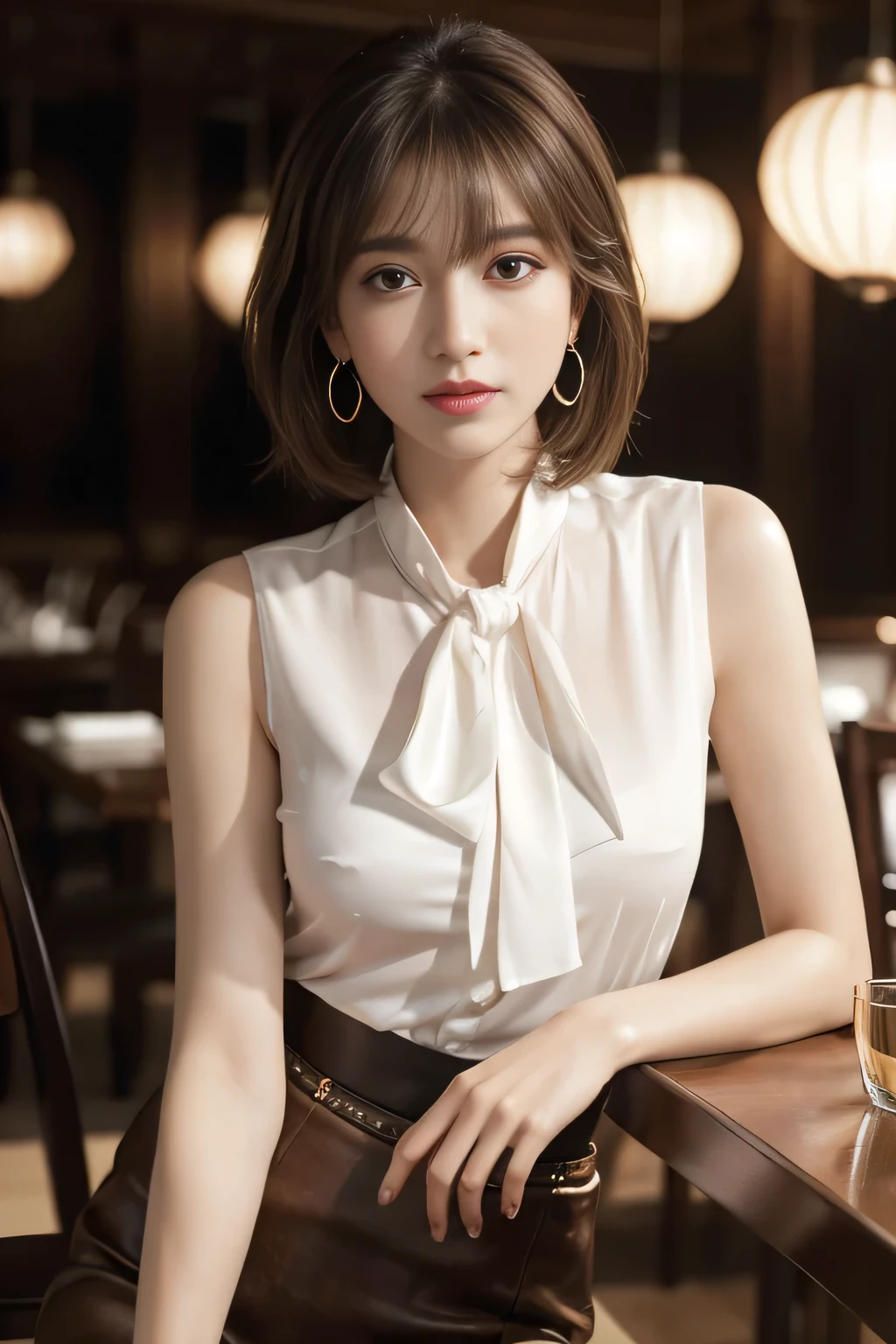 masterpiece, Highest quality, Realistic, Very detailed, Finer details, High resolution, 8k wallpaper, One beautiful woman, Wear an elegant white silk shirt blouse, In a great restaurant, At night, Light brown shaggy cut, Perfect dynamic composition, Beautiful and beautiful eyes、Big earrings、Sit on a chair、Sleeveless shirt、