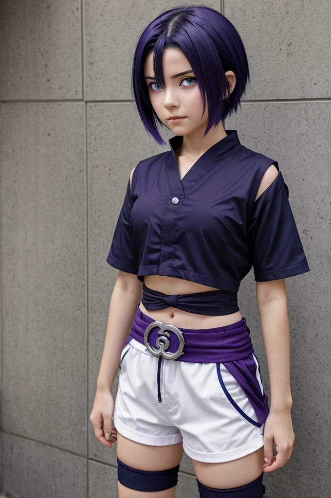 Image of Girl from the anime Naruto has short navy blue hair she has one eye with the Sharingan and the other eye with the byakugan she is 13 years old she wears purple shorts a mesh shirt and on top of that she wears a white shirt she wears her band around her waist she has a lot of chest and a nice waist