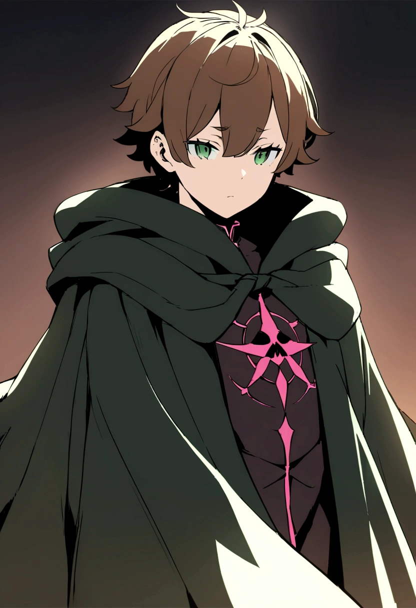Masterpiece, High quality, High quality of art, best quality, best details, anime lineart, Re:Zero art style, 1boy, boy teenager, fluffy dark brown hair, dark brown green eyes color, Tall stature, black cultist robe
