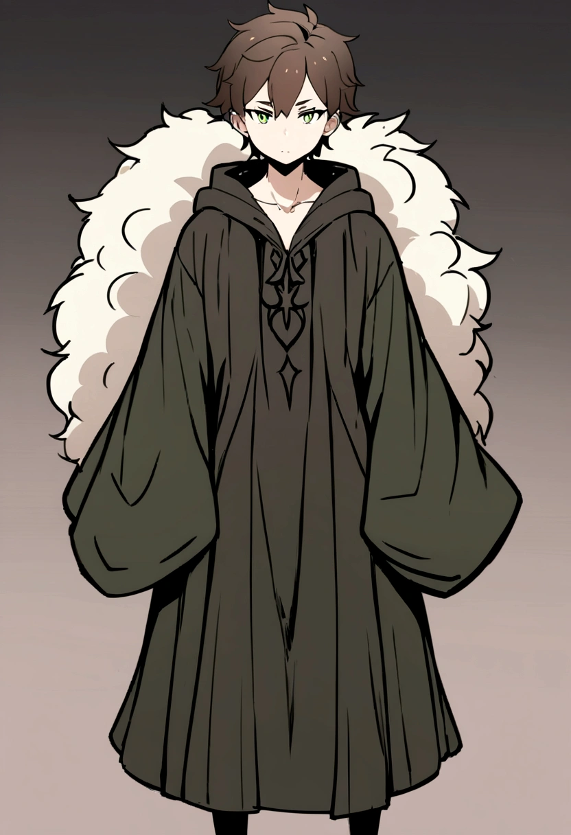 Masterpiece, High quality, High quality of art, best quality, best details, anime lineart, Re:Zero art style, 1boy, boy teenager, fluffy dark brown hair, dark brown green eyes color, Tall stature, black cultist robe