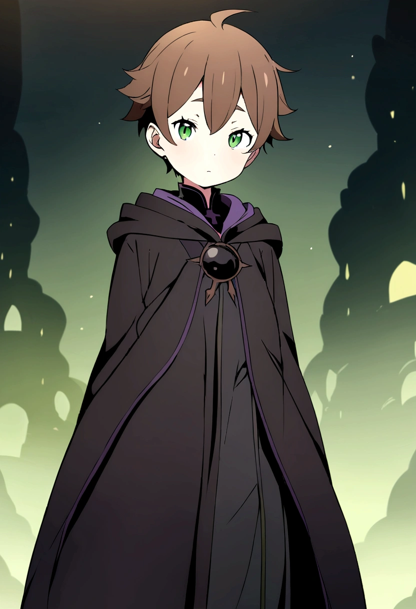 Masterpiece, High quality, High quality of art, best quality, best details, anime lineart, Re:Zero art style, 1boy, boy teenager, fluffy dark brown hair, dark brown green eyes color, Tall stature, black cultist robe