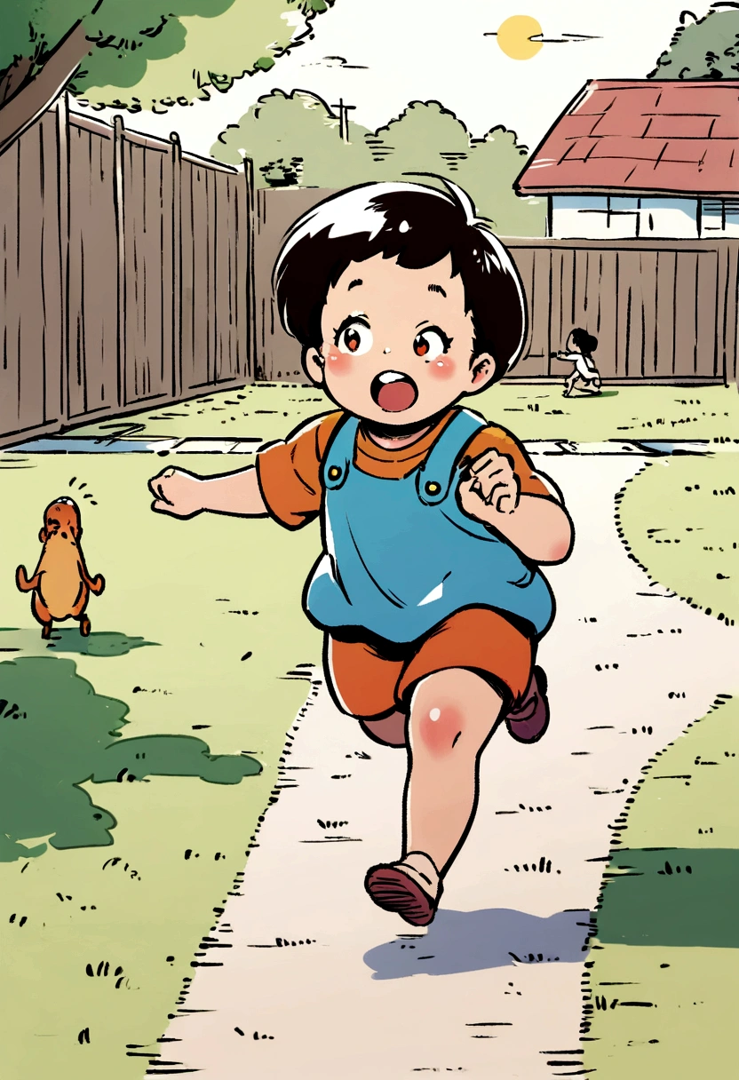 Children book, By illustration Style of Munchkin, short legs, stocky body, playful expression, backyard, chasing a toy, front view.