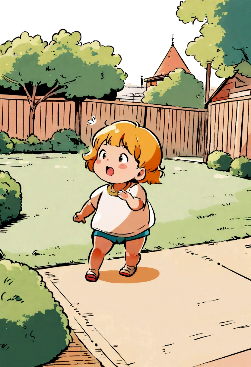 Children book, By illustration Style of Munchkin, short legs, stocky body, playful expression, backyard, chasing a toy, front view.