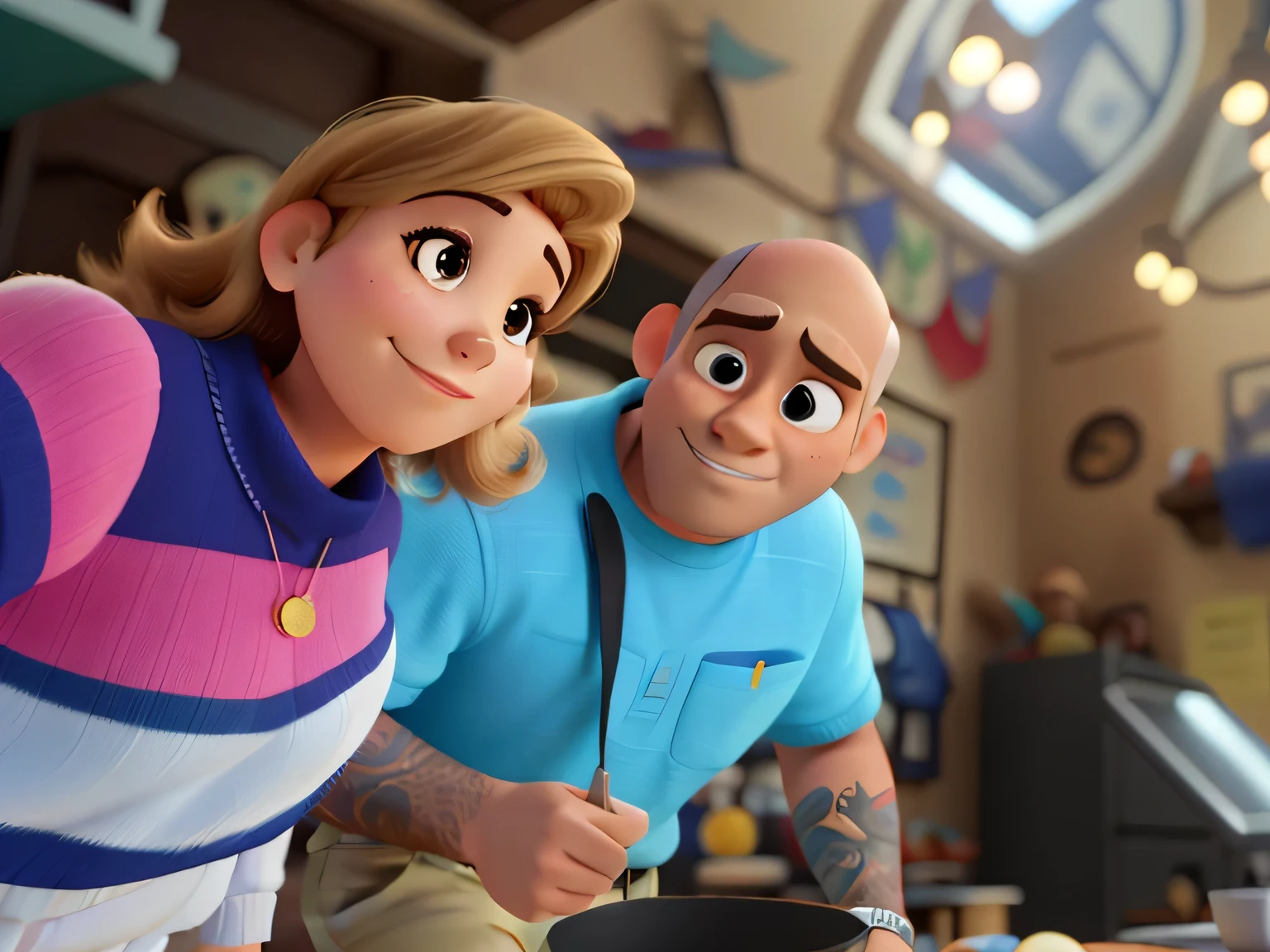 Um casal no estilo Disney pixar, alta qualidade, melhor qualidade. Ele cor parda careca sem barba ela branca cabelo curto e loiro