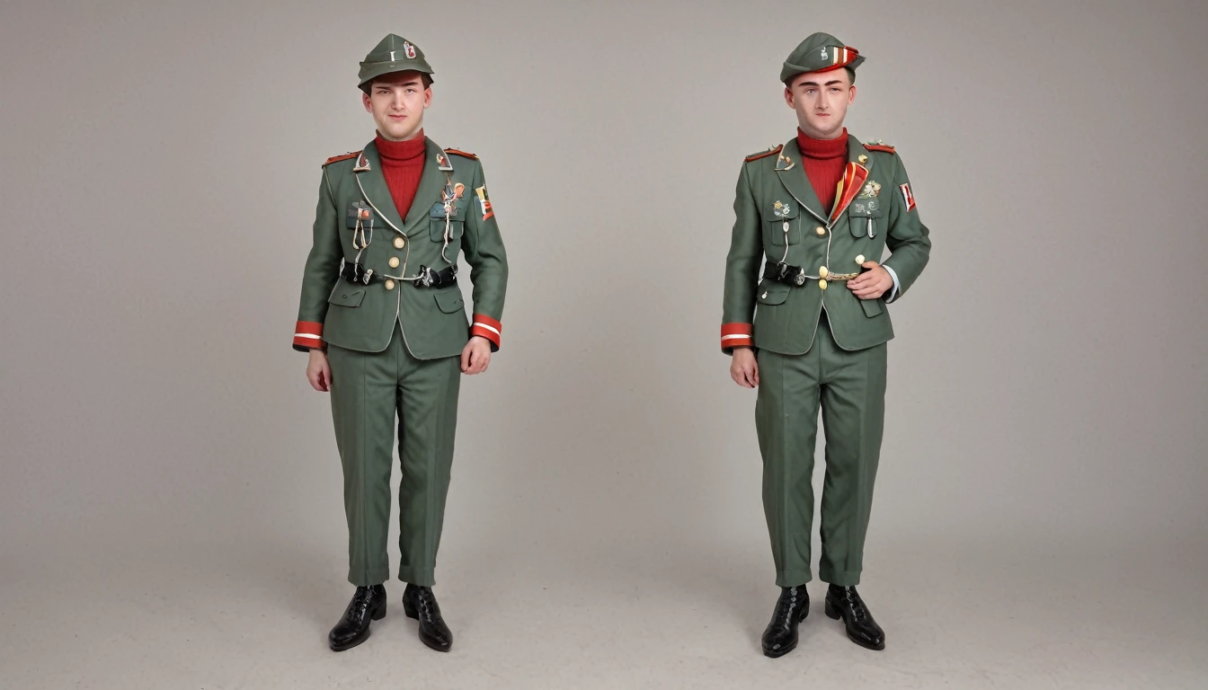 Year 1939, Young man aged 17-18 years , dark green jacket, red turtleneck, The jacket has a red four-pointed star on the lapel.., สวมก black vest throughout the outfit., Wearing light green M35 Harovari pants.., Military boots, Wear a Pilotka Side Cap.(clamp cap) There is a red star attached to it., Eastern Slavs(Soviet Union), Soviet Union, World War II, old photos