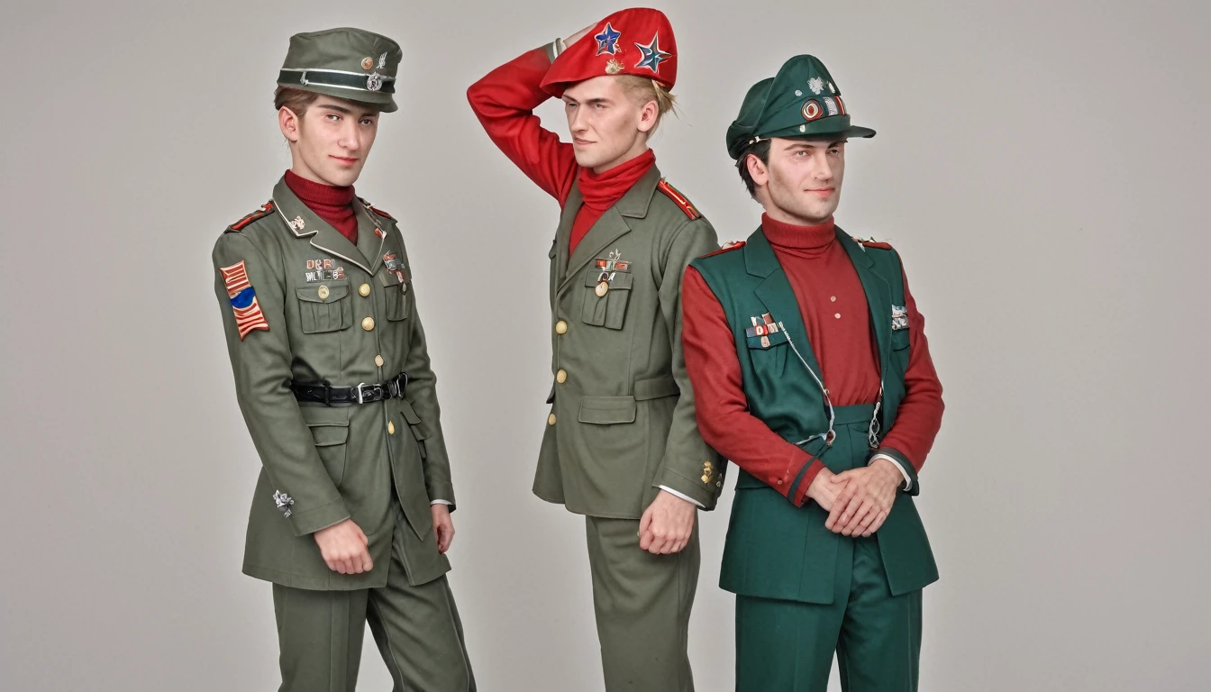 Year 1939, Young man aged 17-18 years , dark green jacket, red turtleneck, The jacket has a red four-pointed star on the lapel.., สวมก black vest throughout the outfit., Wearing light green M35 Harovari pants.., Military boots, Wear a Pilotka Side Cap.(clamp cap) There is a red star attached to it., Eastern Slavs(Soviet Union), Soviet Union, World War II, old photos