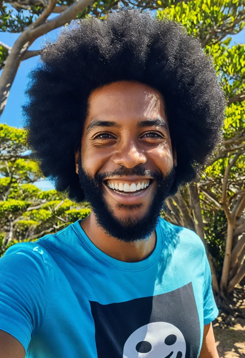 tronco, Sozinho, garoto, poder, sorriso pretensioso, selfie, olhando para o espectador, cabelo afro preto, olhos verdes, terno do homem aranha, teia de aranha print, teia de aranha, blue sky, milhares de moral,