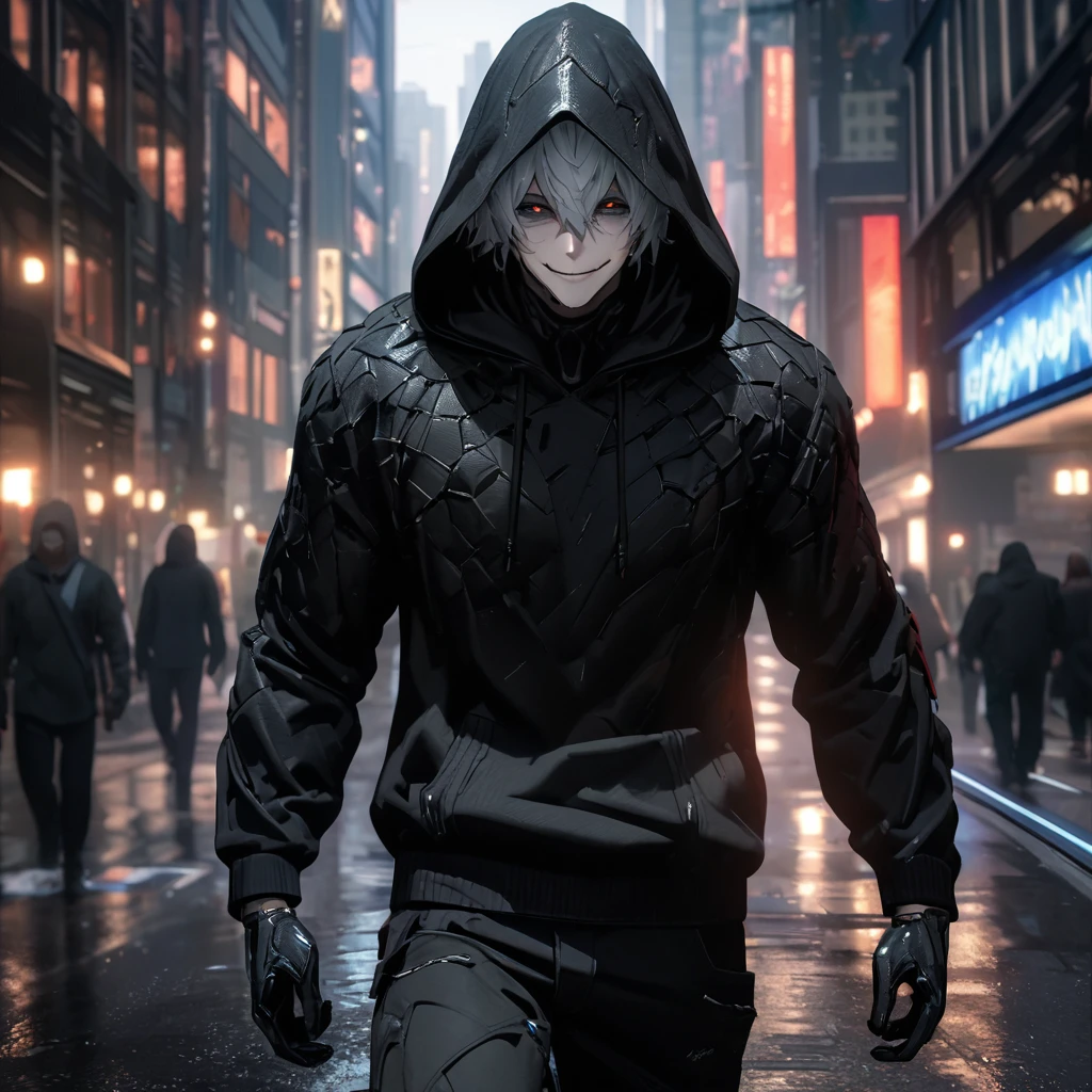 A man wearing a black sweatshirt, black pants, black hood, silver hair, a plastic hand on his face, walking down a city street, with a dark appearance, a dark aura, smiling,UHD , work- prime, precise, anatomically correct, textured skin, super details, high quality, best quality, 8k, high resolution, bokeh effect. (man alone)
