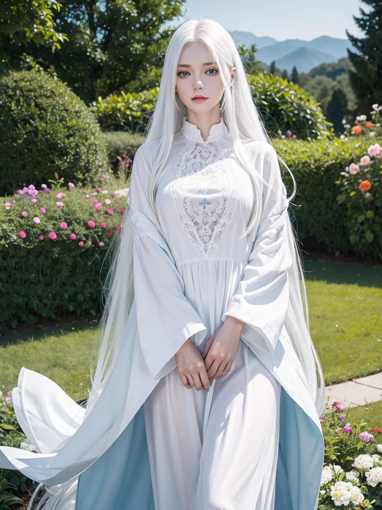 Long white hair, blue eyes, serious features, white skin, loose style, in a garden