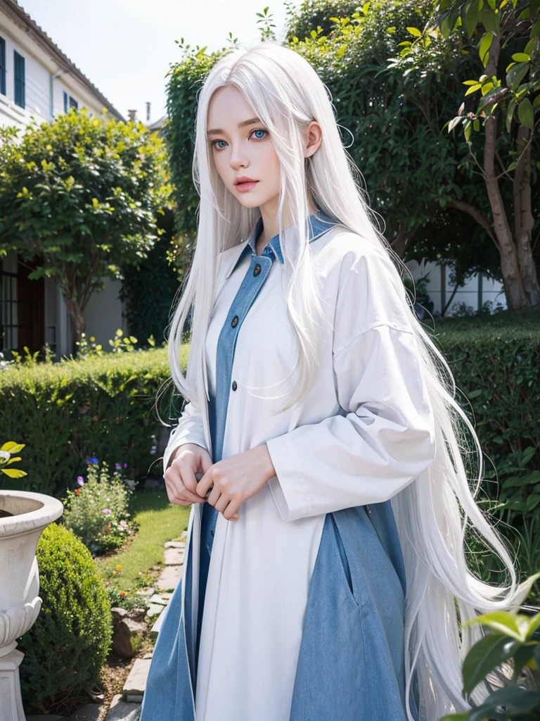 Long white hair, blue eyes, serious features, white skin, loose style, in a garden