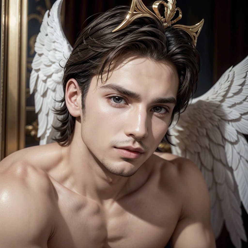 Homem romano realista beleza masculina nariz fino labios carnudos queixo qyadrado diamante. With angel wings on golden heads