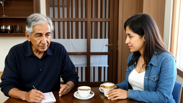 un anciano y una mujer joven bebiendo cafe, conversando de sus problemas, en una casa calida