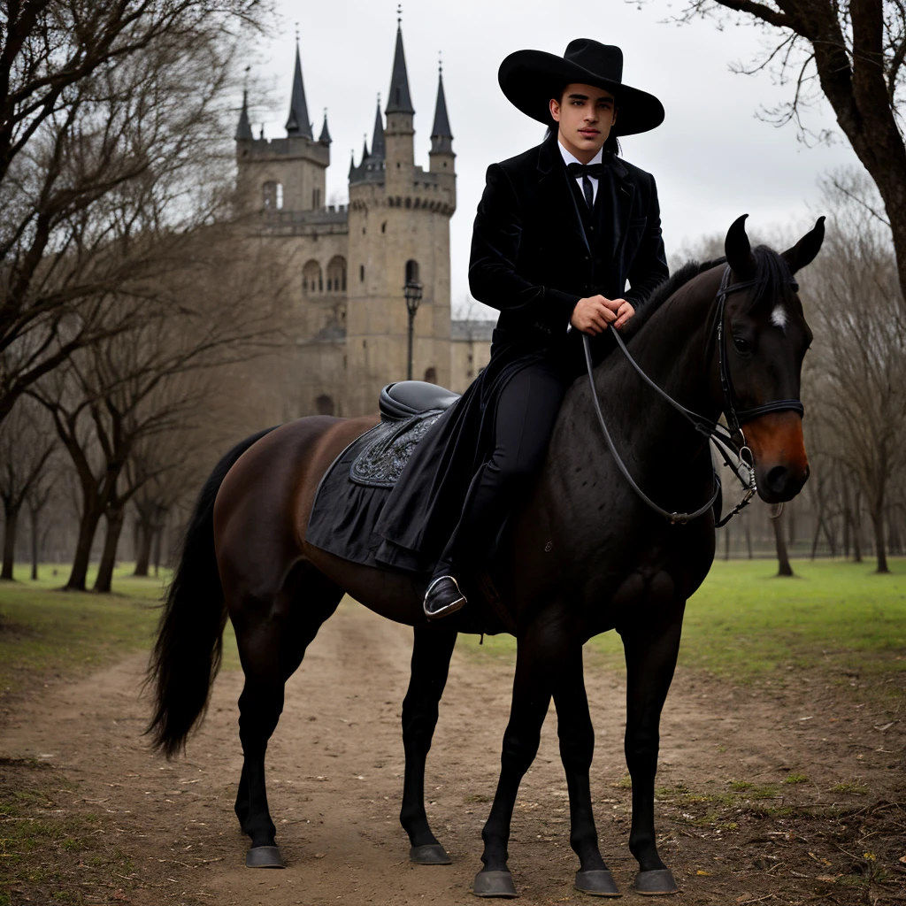 Hombre joven vampiro vestido de negro con sombrero montado en un caballo negro de paso fino, parado en dos patas en una colina y al fondo hay un castillo gotico hermoso