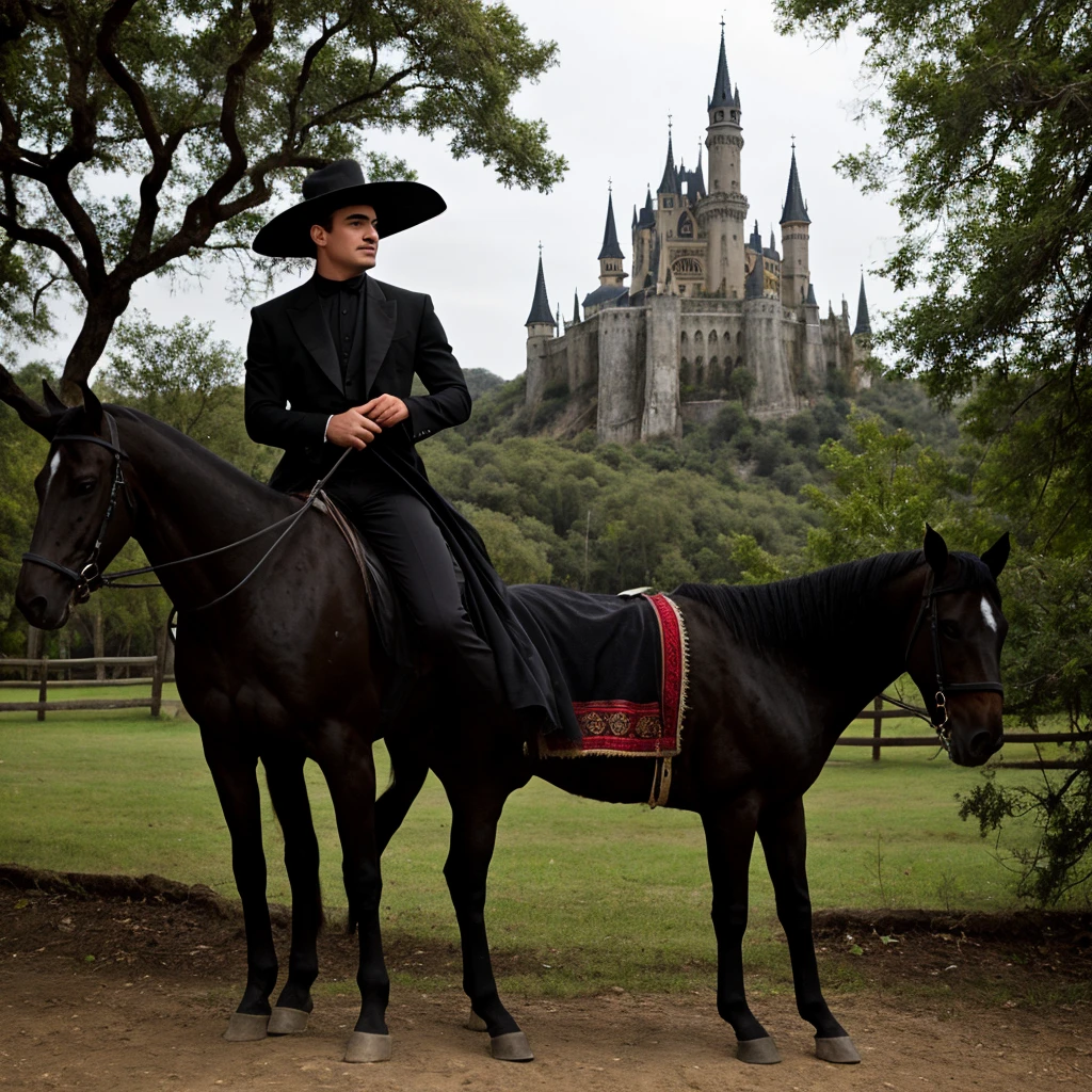 Hombre joven vampiro vestido de negro con sombrero montado en un caballo negro de paso fino, parado en dos patas en una colina y al fondo hay un castillo gotico hermoso
