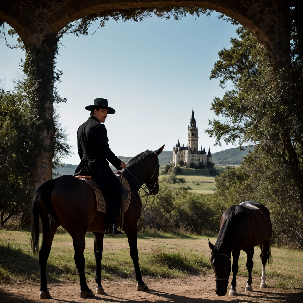 Hombre joven vampiro vestido de negro con sombrero montado en un caballo negro de paso fino, parado en dos patas en una colina y al fondo hay un castillo gotico hermoso