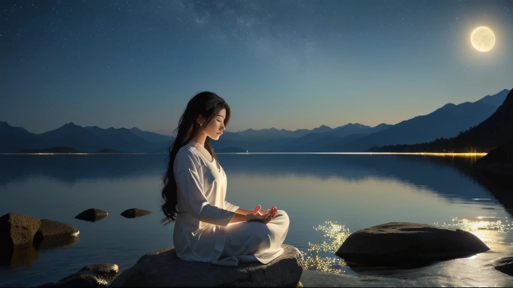 Arabian woman sitting on a rock in front of a lake at night, zen meditation, meditation pose, meditationする, meditationする pose, Float into a powerful Zen state, Spiritual Enlightenment, meditation, meditationする in lotus position, hindu stages of meditation, elven spirit meditationする in space, Calm expression, Calm emotions, yoga meditation pose, praying meditationする