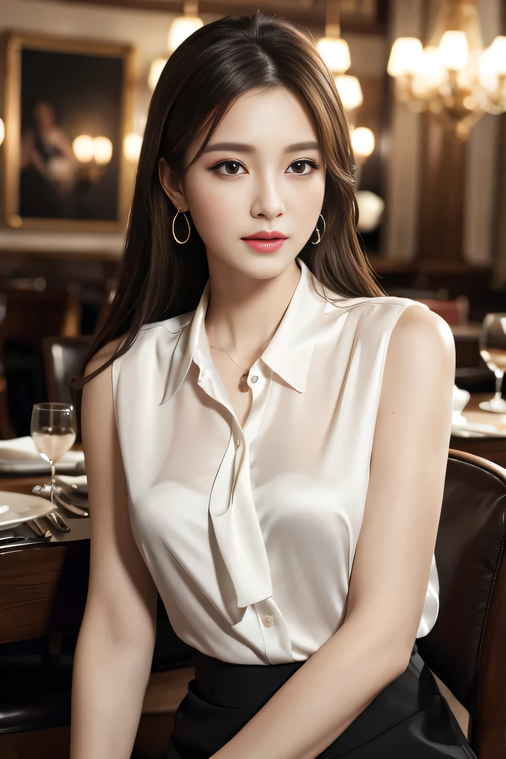 masterpiece, Highest quality, Realistic, Very detailed, Finer details, High resolution, 8k wallpaper, One beautiful woman, Wear an elegant white silk shirt blouse, In a great restaurant, At night, Light Brown Hair, Perfect dynamic composition, Beautiful and beautiful eyes、Big earrings、Sit on a chair、Sleeveless shirt、