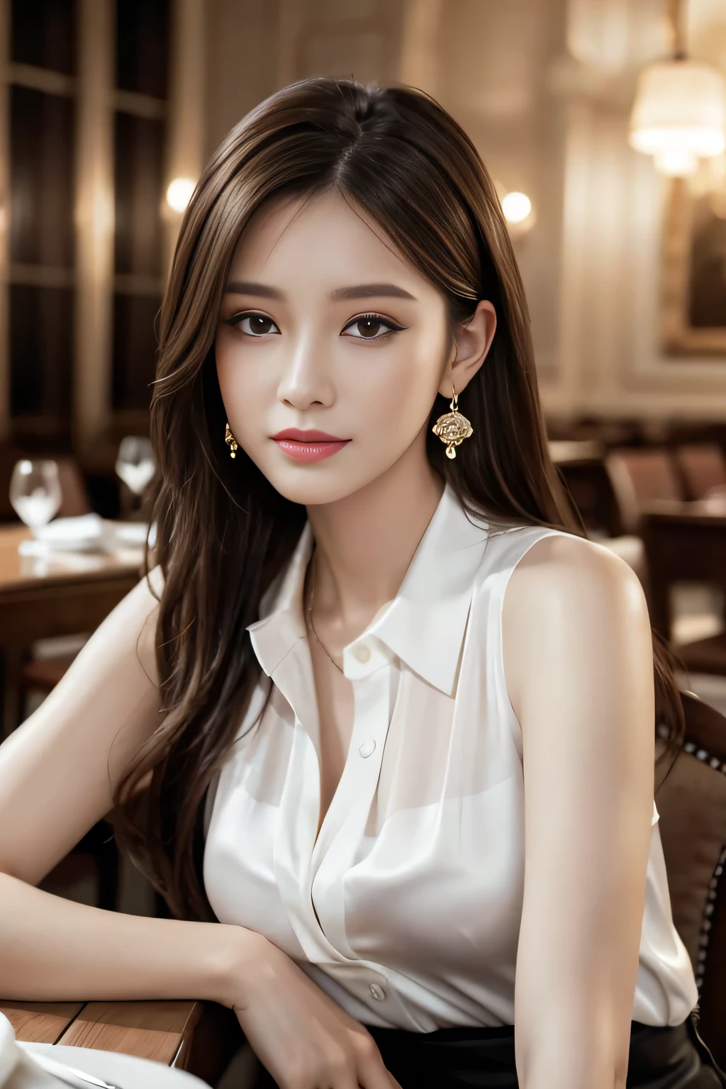 masterpiece, Highest quality, Realistic, Very detailed, Finer details, High resolution, 8k wallpaper, One beautiful woman, Wear an elegant white silk shirt blouse, In a great restaurant, At night, Light Brown Hair, Perfect dynamic composition, Beautiful and beautiful eyes、Big earrings、Sit on a chair、Sleeveless shirt、