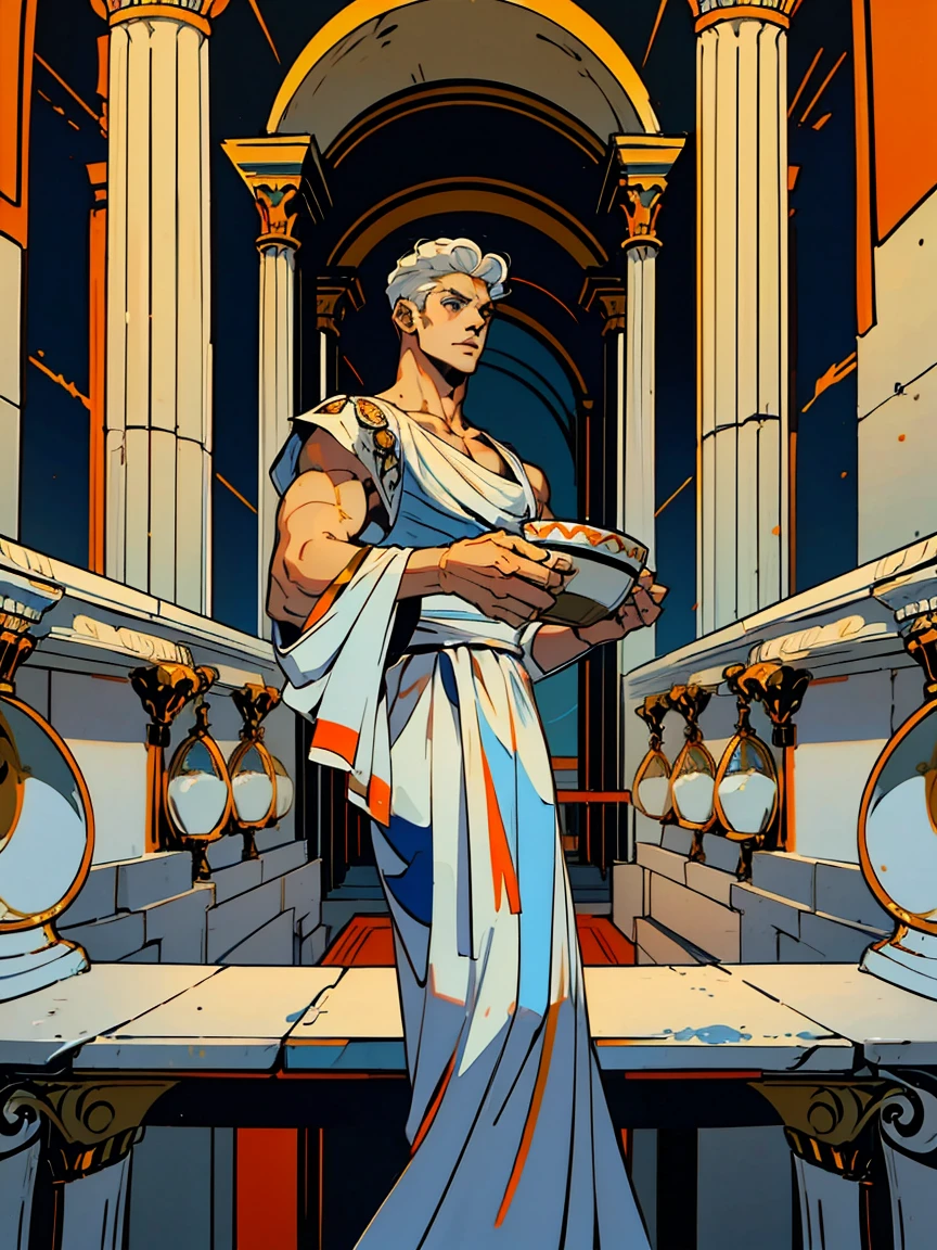 1boy, alone, 25 years old, young, white hair, blue eyes, cheveux blancs, mid lenght hair, bowl haircut, bowl hair cut, boss, formal business outfit, white outfit, arrogant look, hades style, hades game, Jen zee style, greek themed image, greek background, hypnos, tartarus scenery, fumes, greek columns in background, lots of columns, greek architecture, white themed image, white furniture, orange touches of color, orange walls