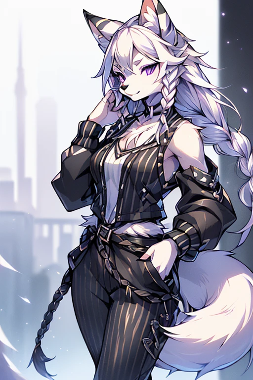 ( Absurdly , High quality , ultra detailed ) ,( hand detailed ) , 1girl, solo, mature, absurdres(highly detailed beautiful face and eyes)perfect anatomy Solo, Young Female white fox-cat (((lean-body))) (((medium breasts))) (short snout),(((fur (black stripe) between neck and shoulder towards chest))) ((fur (black stripes) on waist))(ears are darker), ((violet eyes)), (cat tail (black at end)), (white hair (single-braided)), ((Female wolf)) ((fox cat)), (detailed eyes), (clevedge, (collarbone, shoulders), (solo, (1girl)) ((((fluffy white fur)))), white hands, ((extremely detailed fur)) ((hair in face)) (big braid), (thin long tail) (extremely detailed eyes), white hands, happy, barefoot, (kingdom hearts style jacket and pants) (nomura tetsuya) (nomura tetsuya style clothing)