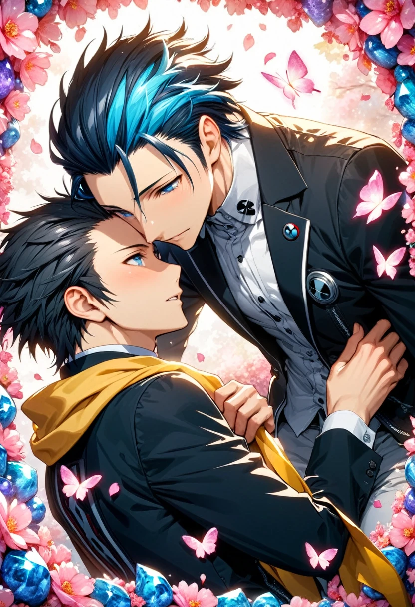 absurdres, highres, ultra detailed, HDR, master piece, best quality, Yuki Makoto, dark blue hair, expressive blue eyes, Persona 3, Mochizuki Ryouji, black hair slicked back, ruffled hair, expressive blue eyes, two sexy men together, gay couple, yaoi, handsome, black jacket, white shirt, yellow scarf, magical, fantasy, shining, pink flowers, pink blossoms, pink butterflies, pink petals, water