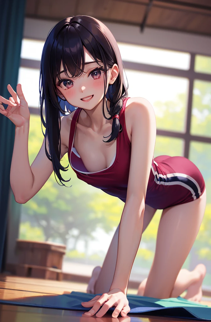(masterpiece, Highest quality), One girl, Close-up face, (from the front:1.2), (On all fours on the floor:1.2), (Look down:1.2), Break Girl, casual,Gym suit、School gym、 (good:1.2), ((Chest gap, Medium chest, Saggy breasts, Down blouse,Leaning forward、Saggy breasts房、Nipples seem to be visible))、Random hair color、 8k, Highest quality, masterpiece, Very detailed、、、Young Face、、Fuller lips、、、blush、lipstick、Medium chest、Perfect hands、Fine hand,、smile、smile、Gymnastics Matの上、Gymnastics Mat、Gym suit