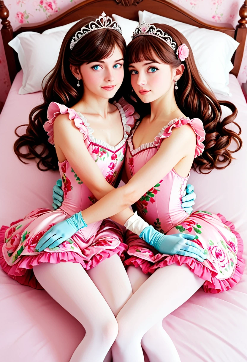 (Style-Princess) (1 man, 1 catgirl) (hetero, couple) (crossdressing, fully clothed) (brown hair, blue eyes) (portrait) (women's clothes only) (women's beautifully feminine skintight velvet floral print frilly girly pink adorable ballet leotards) (white opaque tights, no shoes) (tiaras, pink shoulder-length silk gloves:1.3) (woman's bedroom, four-poster bed) (lying down, hugging, bending knee) (intimacy, playfulness, closeness)