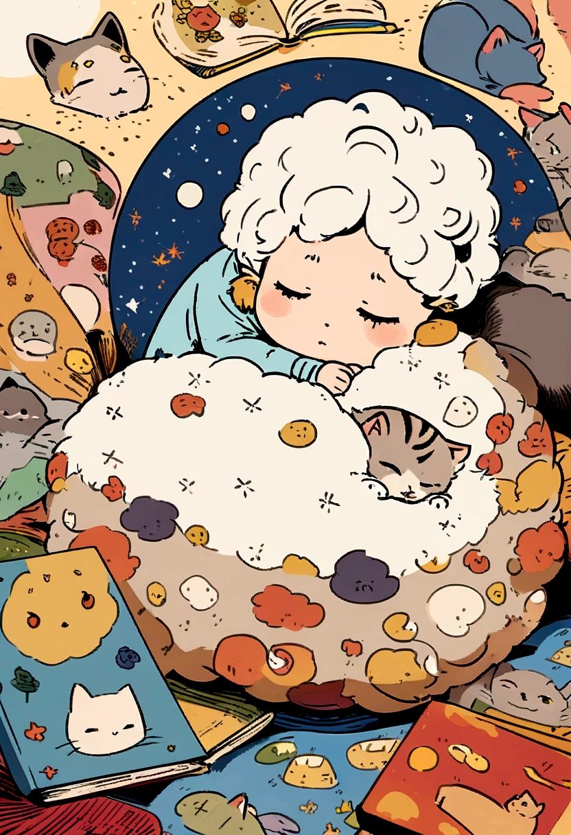 Cat, Abstract art.Children book, By illustration Style of Scottish Fold, round face, folded ears, fluffy coat, Scotland, curled up sleeping, side view.