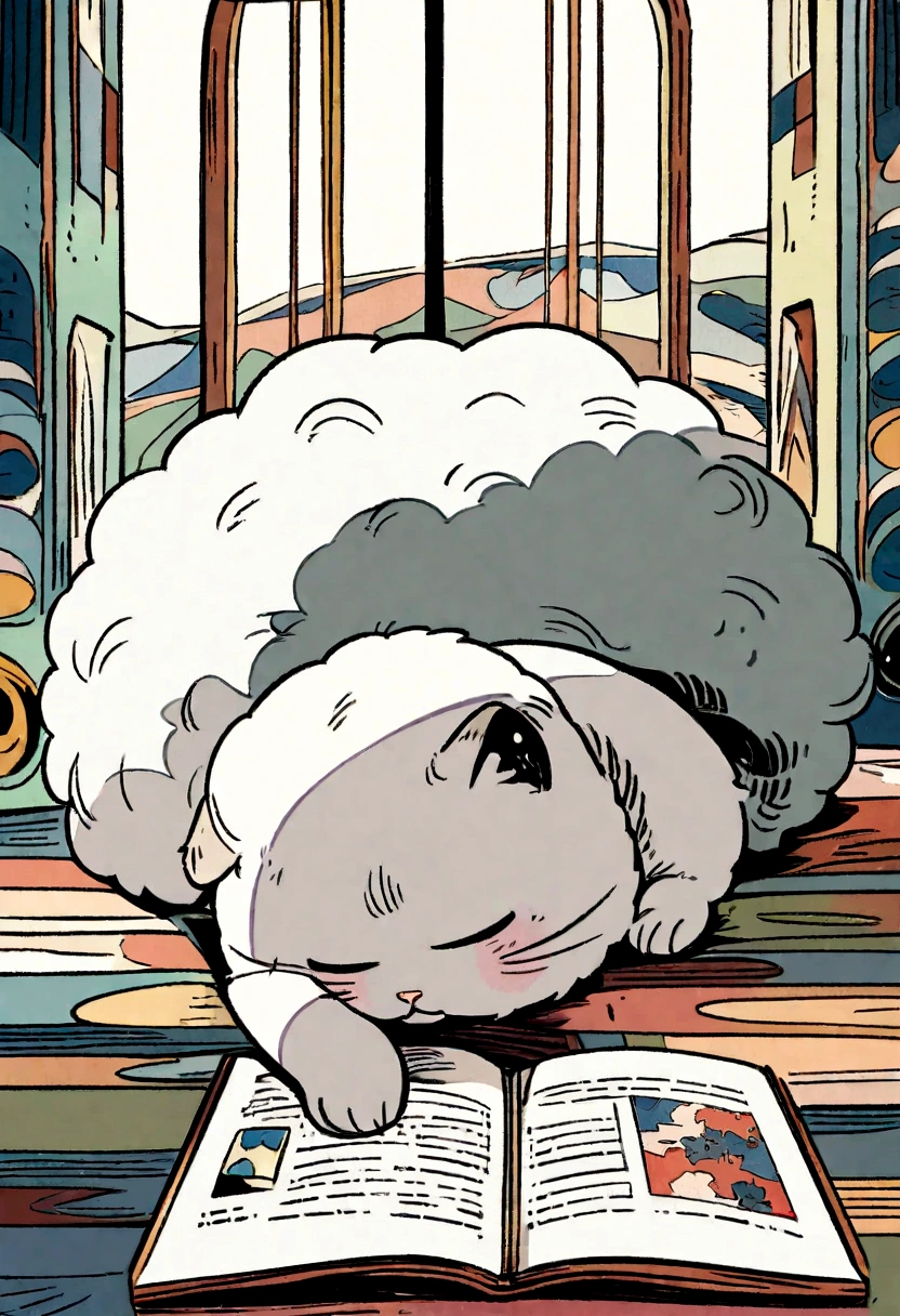 Cat, Abstract art.Children book, By illustration Style of Scottish Fold, round face, folded ears, fluffy coat, Scotland, curled up sleeping, side view.
