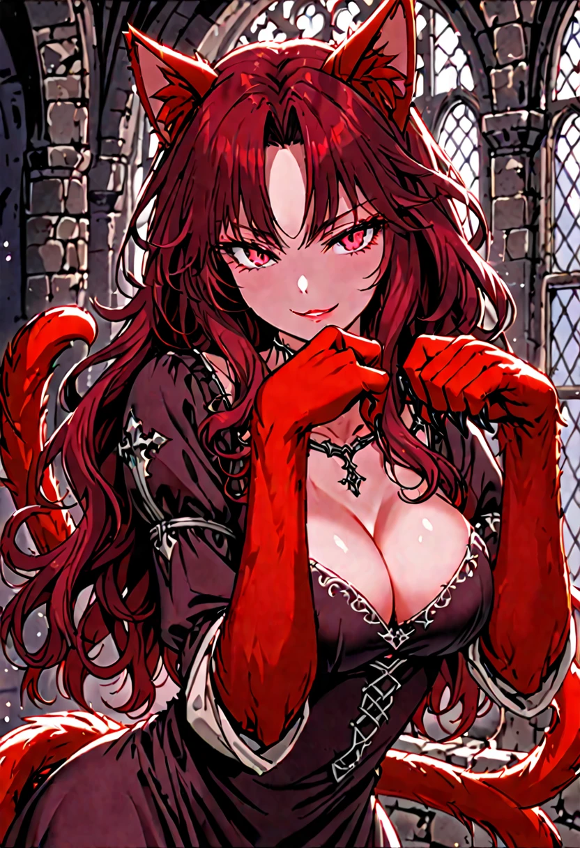 solo, female, cat ears, cat tail, red eyes, dark red hair, long wavy hair, large breasts, cleavage, medieval, red furry claw hands, red furry forearms, seductive smile, cat pose