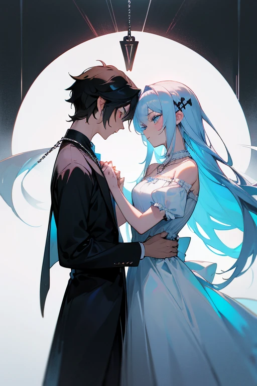 Two men and women、Facing each other、Side view、maleがwomanの肩~head、Pressing his face into my chest、Physical Difference、male=Black short hair、Red Eye、Cold-blooded man、Well-built。woman=White long hair、Blue Eyes、beautiful girl、White dress、cute。Cross Necklace、
